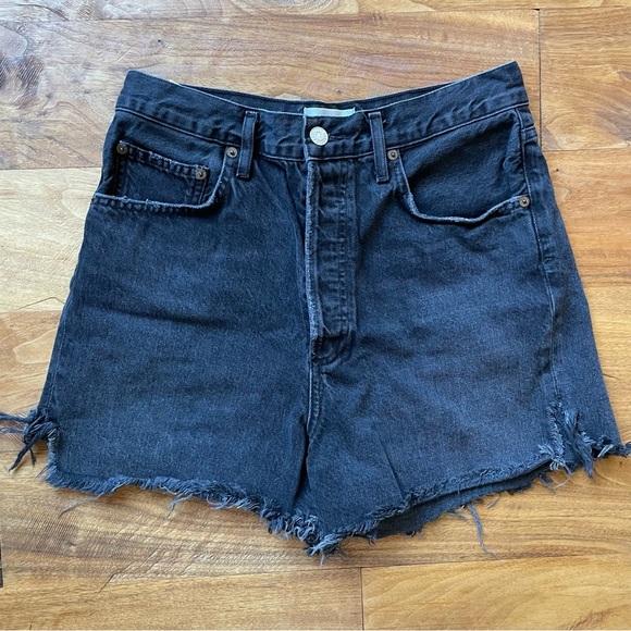 Agolde Distressed Black Non-Stretch Cotton Denim Shorts Dee High Rise - Picture 3 of 14
